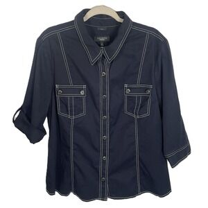 Talbots‎ Woman XL Navy Blue Stretch Button Up Shirt Jacket White Stitching